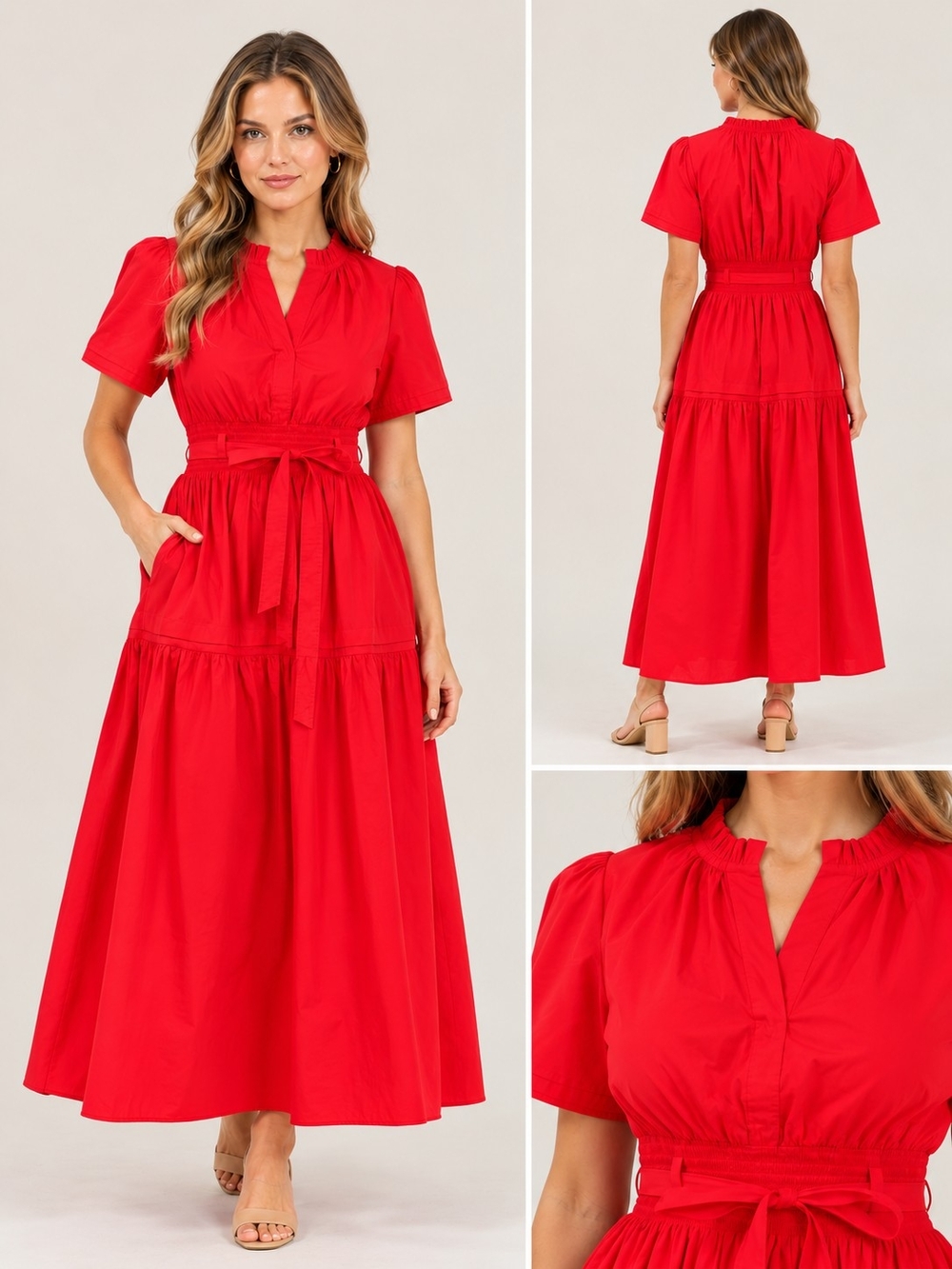 Sugarlips Red Tiered Waist-Tie Maxi Dress